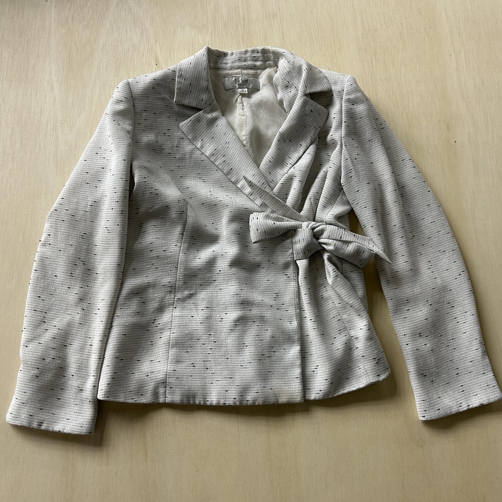 Le Suit Blazer Jacket Womens 6P White Stripe Wrap Belted Petite Lined Career